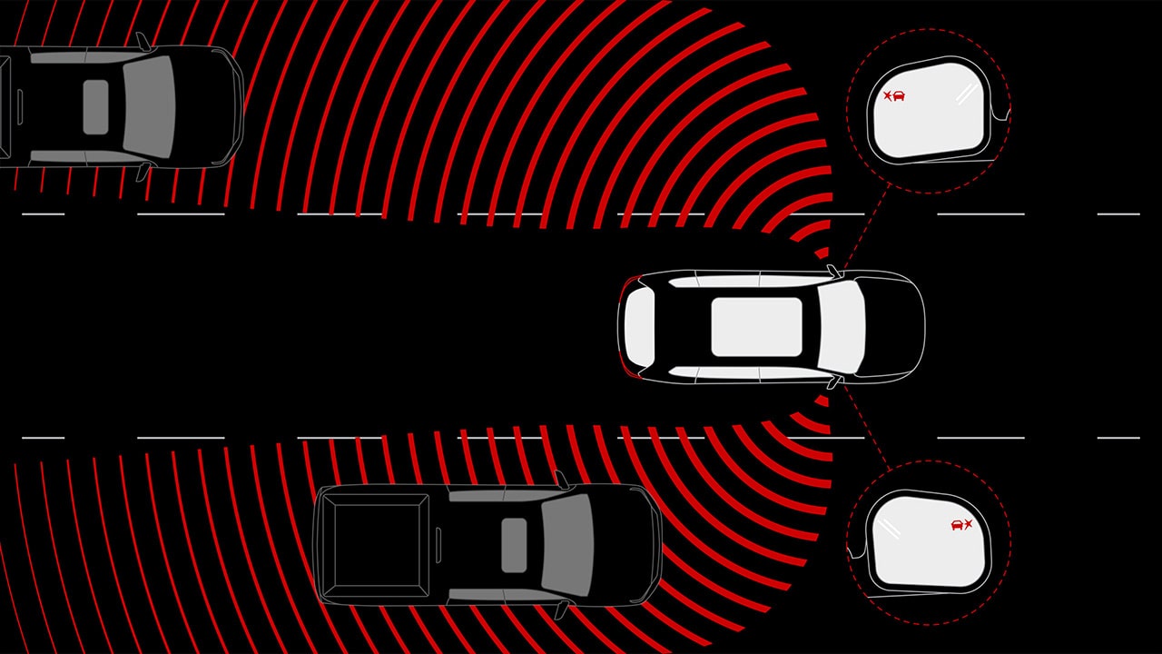 An Overhead Diagram of a GMC Yukon Illustrating Lane Change Alert with Side Blind Zone Alert Detecting Adjacent Vehicles