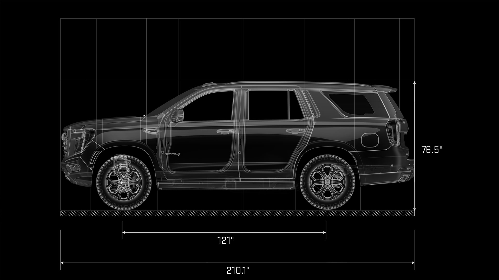 A Technical Schematic Line Drawing of the Side Profile of a GMC Yukon with Dimensions
