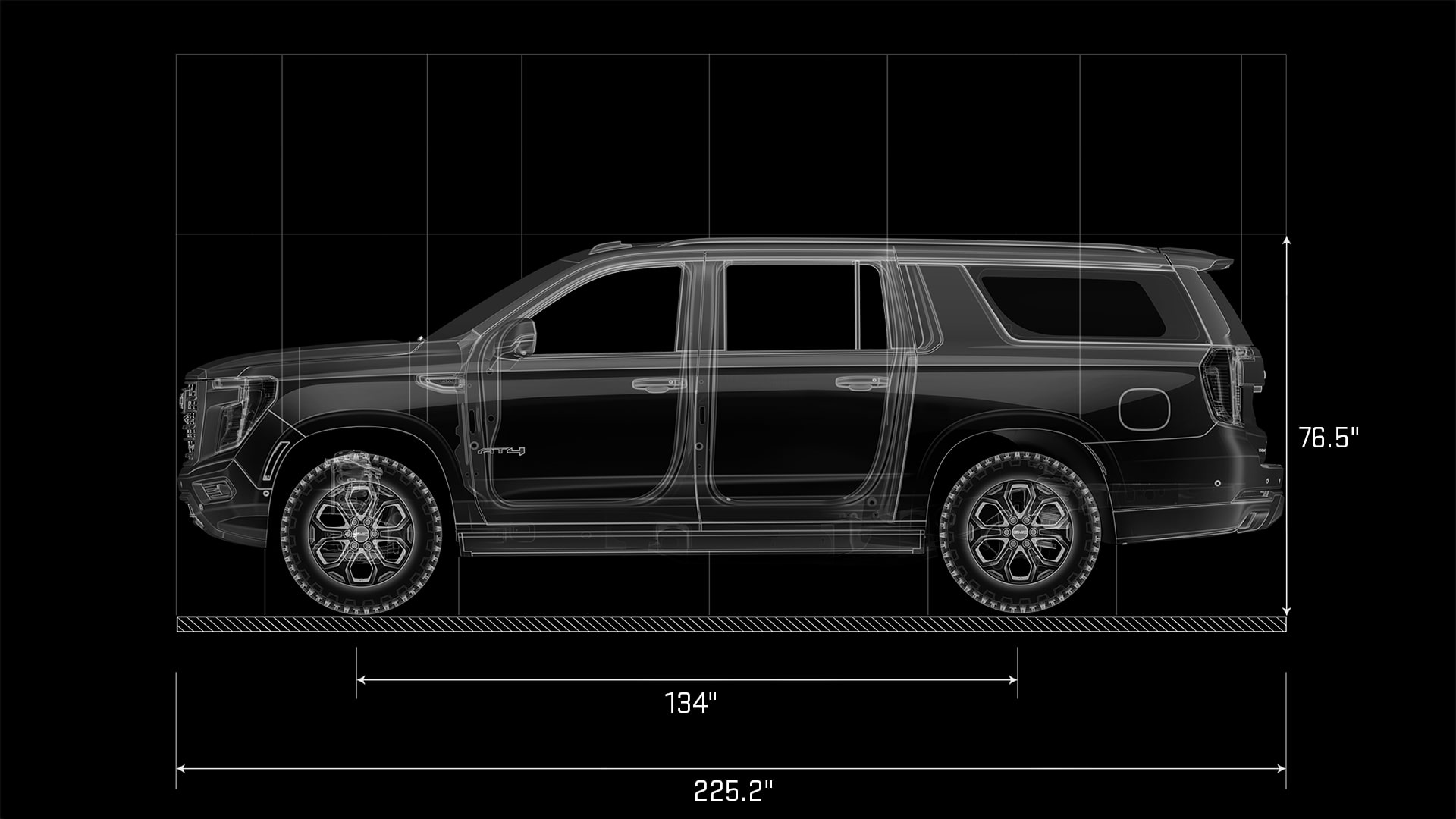 A Technical Schematic Line Drawing of the Side Profile of a GMC Yukon with Dimensions