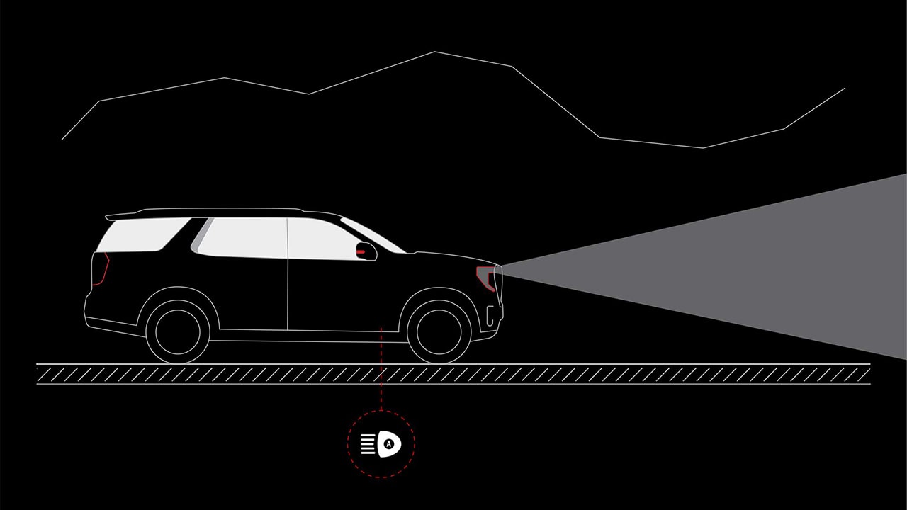 A Diagram of a Dark GMC Yukon Illustrating IntelliBeam Headlamp Functionality on a Road