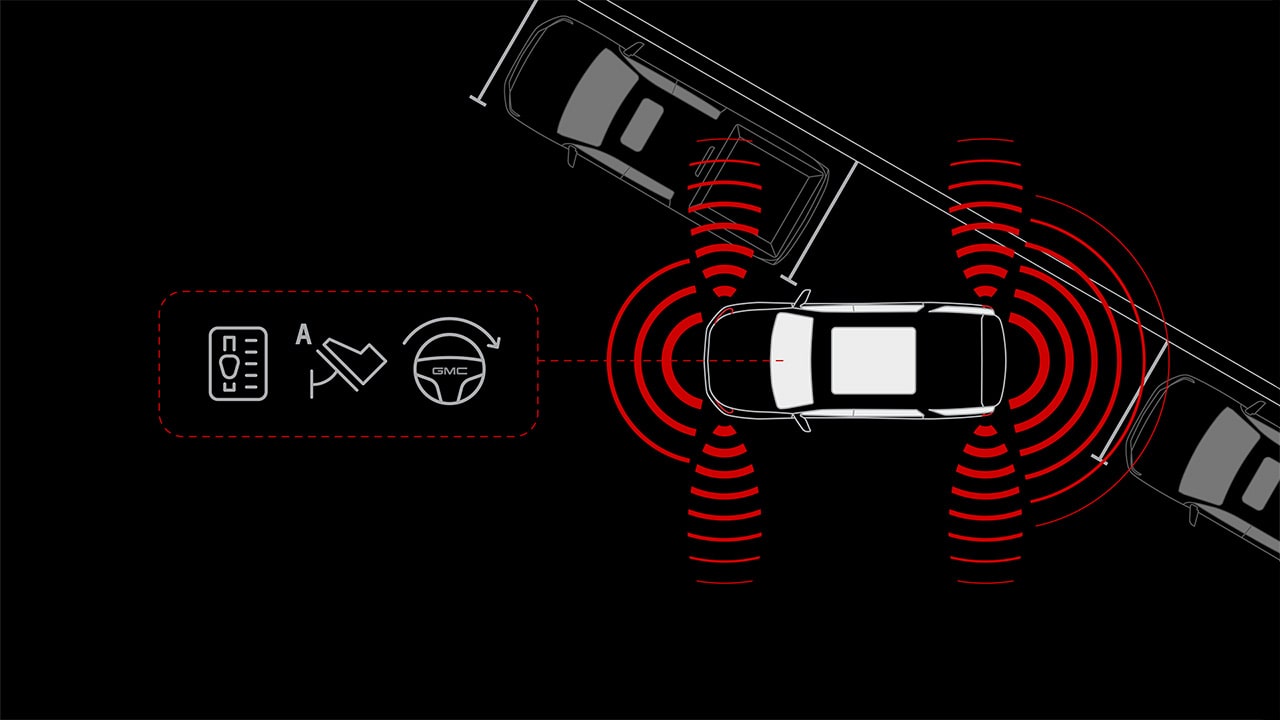 Graphic Illustration of a GMC Yukon Using Enhanced Automatic Parking Assist to Parallel Park Between Two Cars
