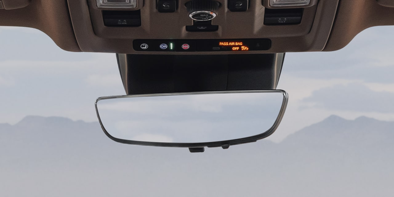 Overhead Console in a 2027 GMC Yukon Denali, Featuring the Rearview Mirror and Controls with the Pass Air Bag Off Indicator