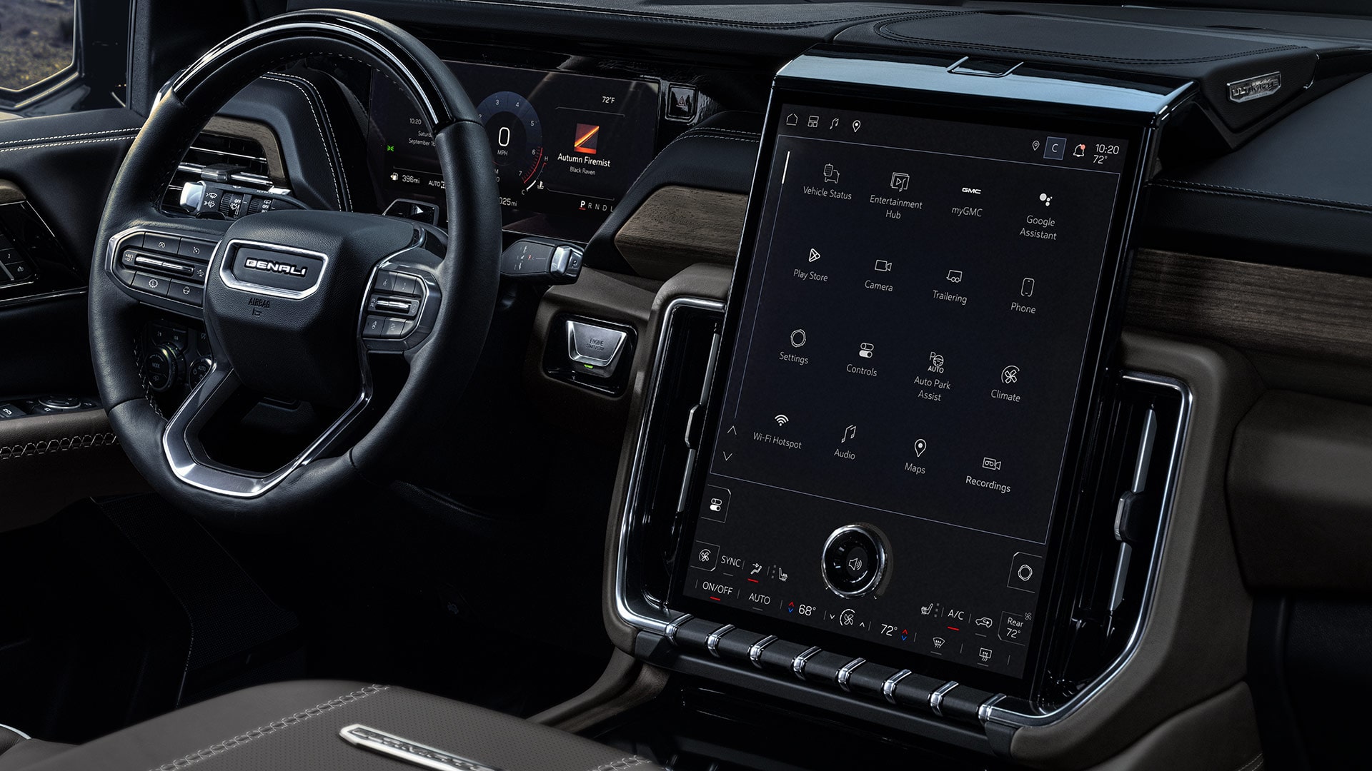 Interior View of the 2027 GMC Yukon Denali Dashboard with a Large Vertical Infotainment Screen Displaying Multiple App Icons