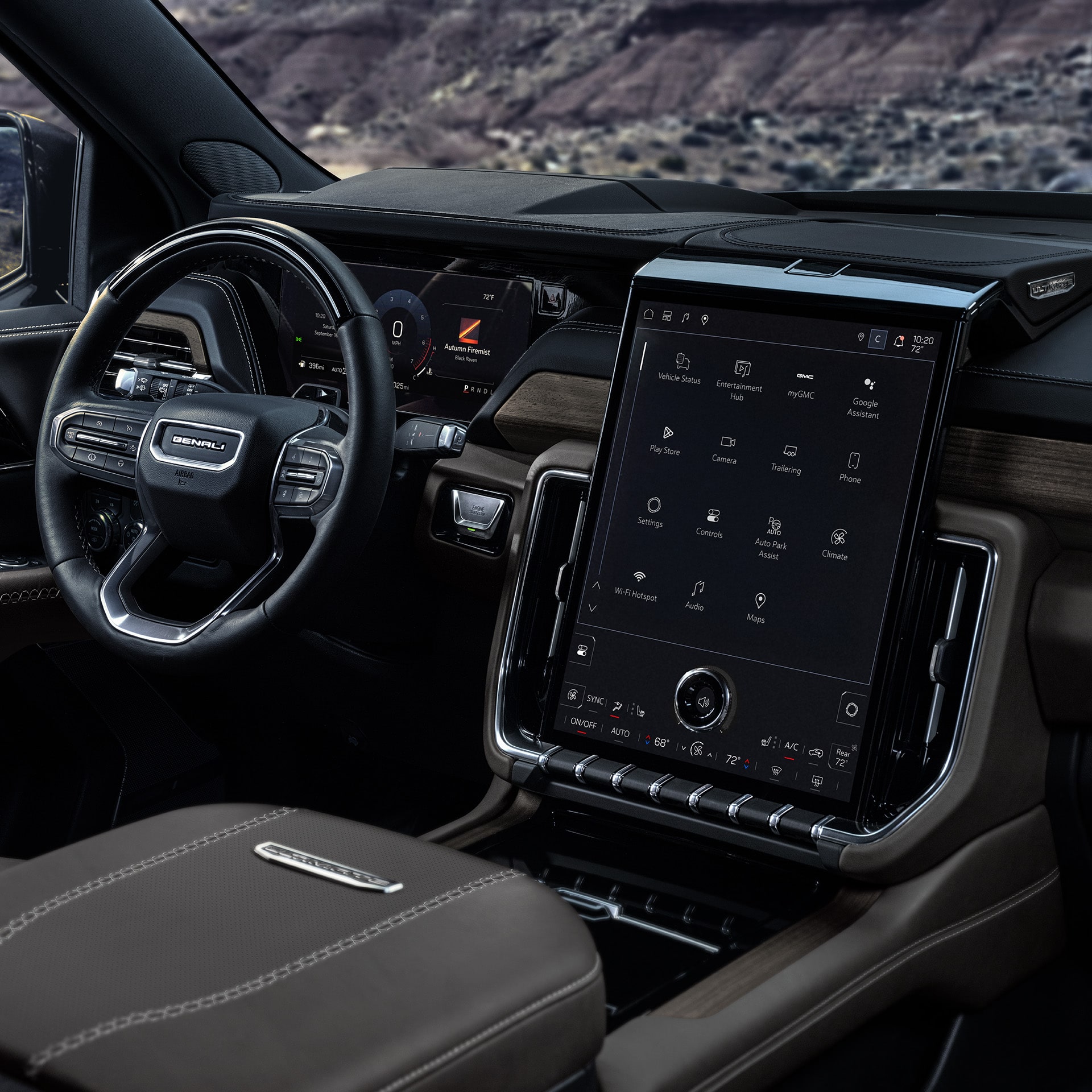 Interior View of the 2027 GMC Yukon Denali Dashboard with a Large Vertical Infotainment Screen Displaying Multiple App Icons