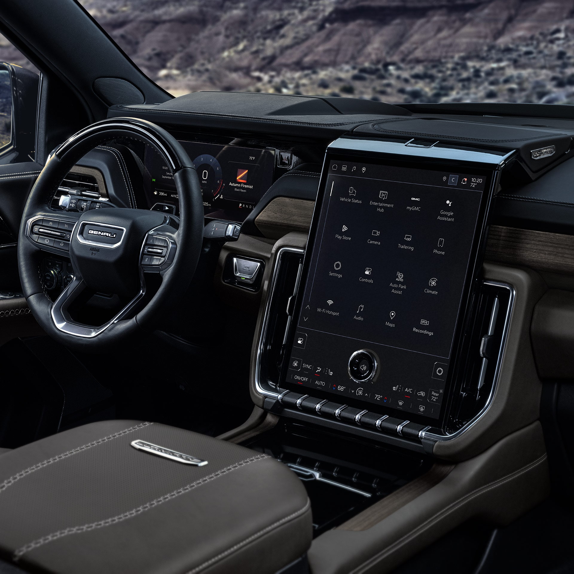 Interior View of the 2027 GMC Yukon Denali Dashboard with a Large Vertical Infotainment Screen Displaying Multiple App Icons