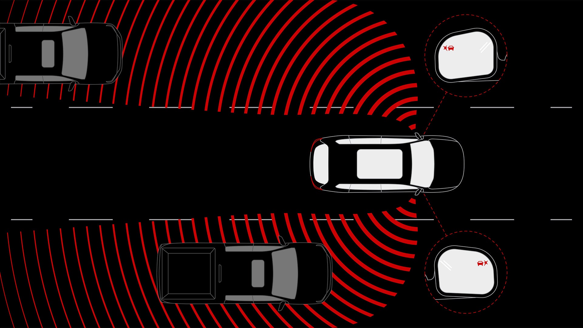 An Overhead Diagram of a GMC Yukon Illustrating Lane Change Alert with Side Blind Zone Alert Detecting Adjacent Vehicles