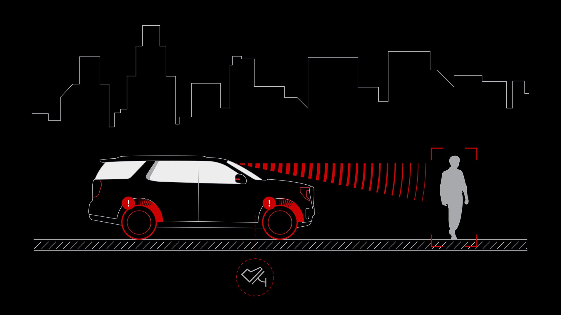 A Diagram of a Dark GMC Yukon Demonstrating Front Pedestrian Braking with Red Sensor Lines Detecting a Person