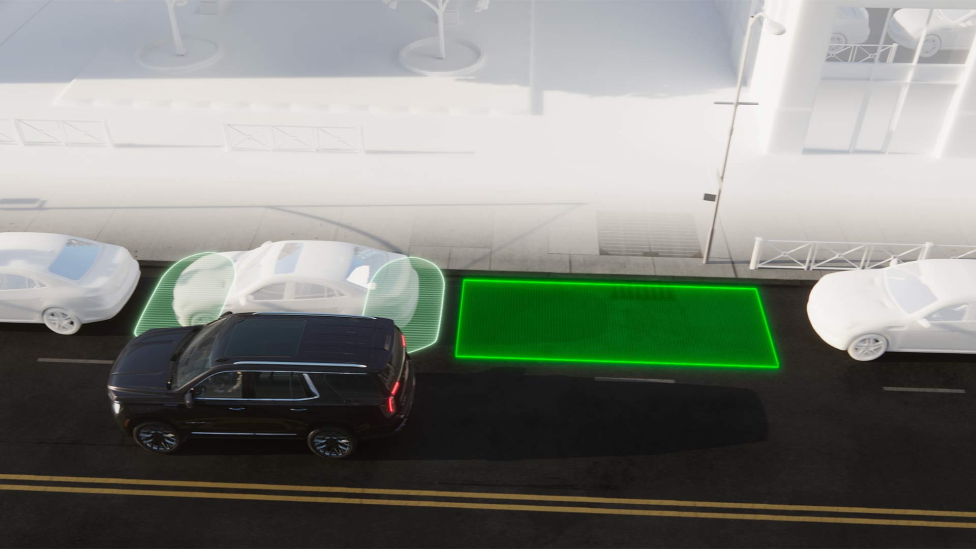 An Overhead Diagram Showing a Dark GMC Yukon Utilizing Auto Park Assist with Green Parking Space Indicators