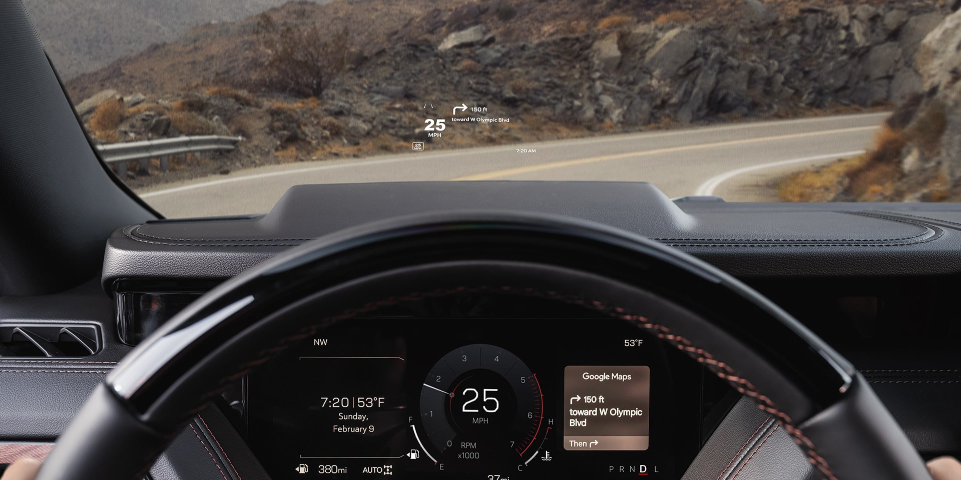 Driver's View Showing a Head-Up Display with Navigation Instructions over a Mountain Road
