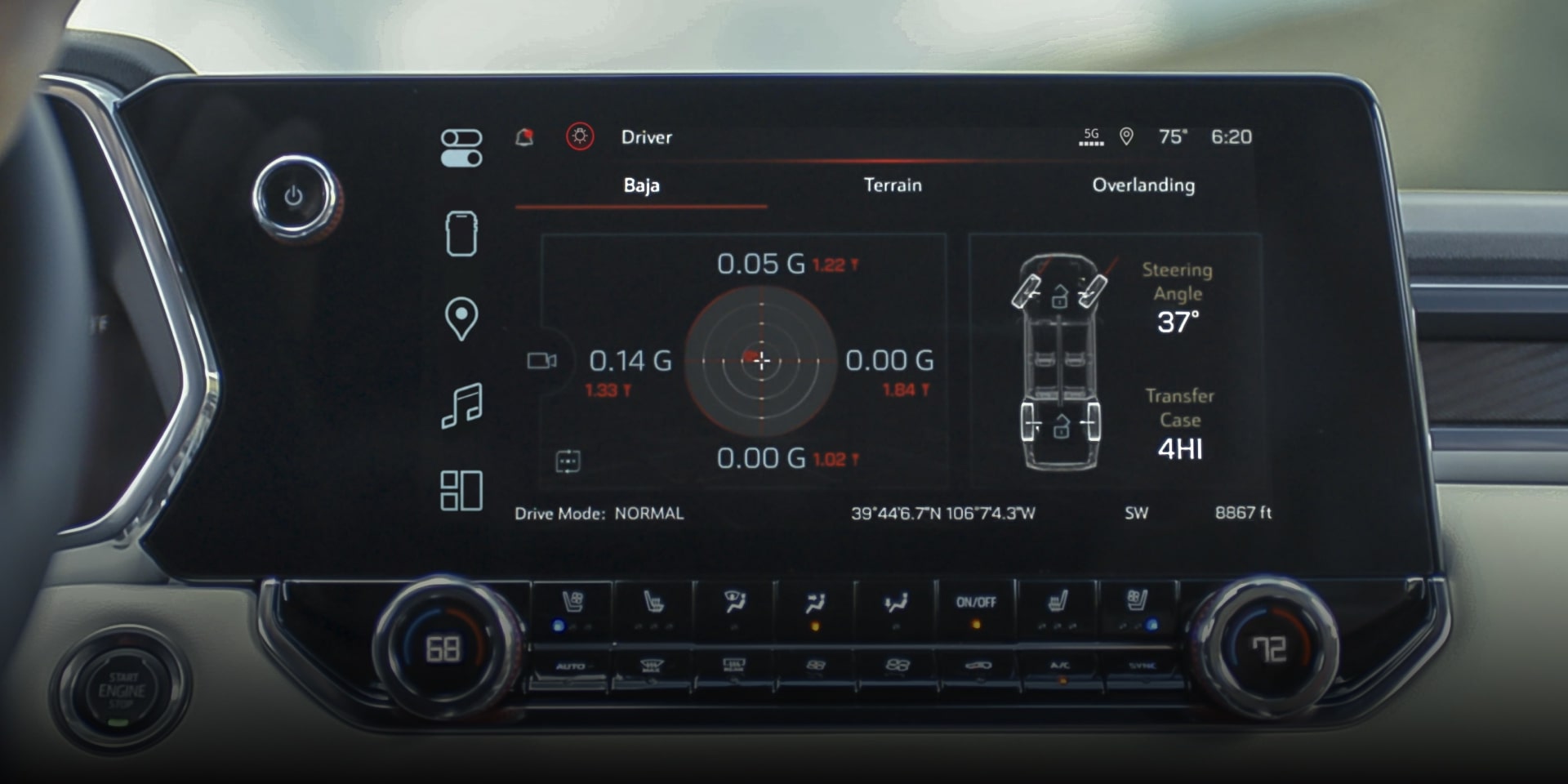 The Large Infotainment Screen Of the 2027 GMC Canyon Showing Off-Road Performance Metrics and Vehicle Status