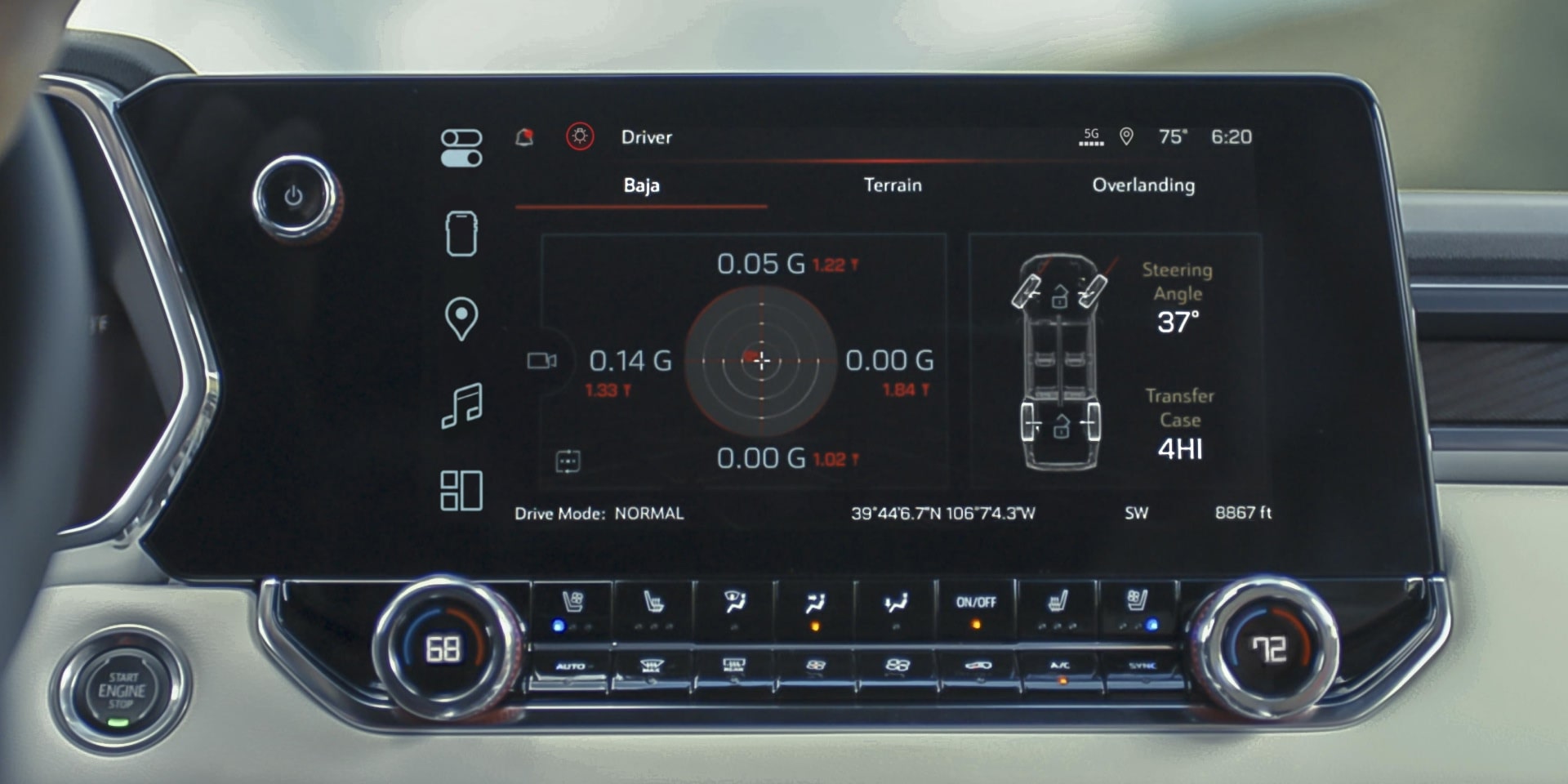 The Large Infotainment Screen Of the 2027 GMC Canyon Showing Off-Road Performance Metrics and Vehicle Status