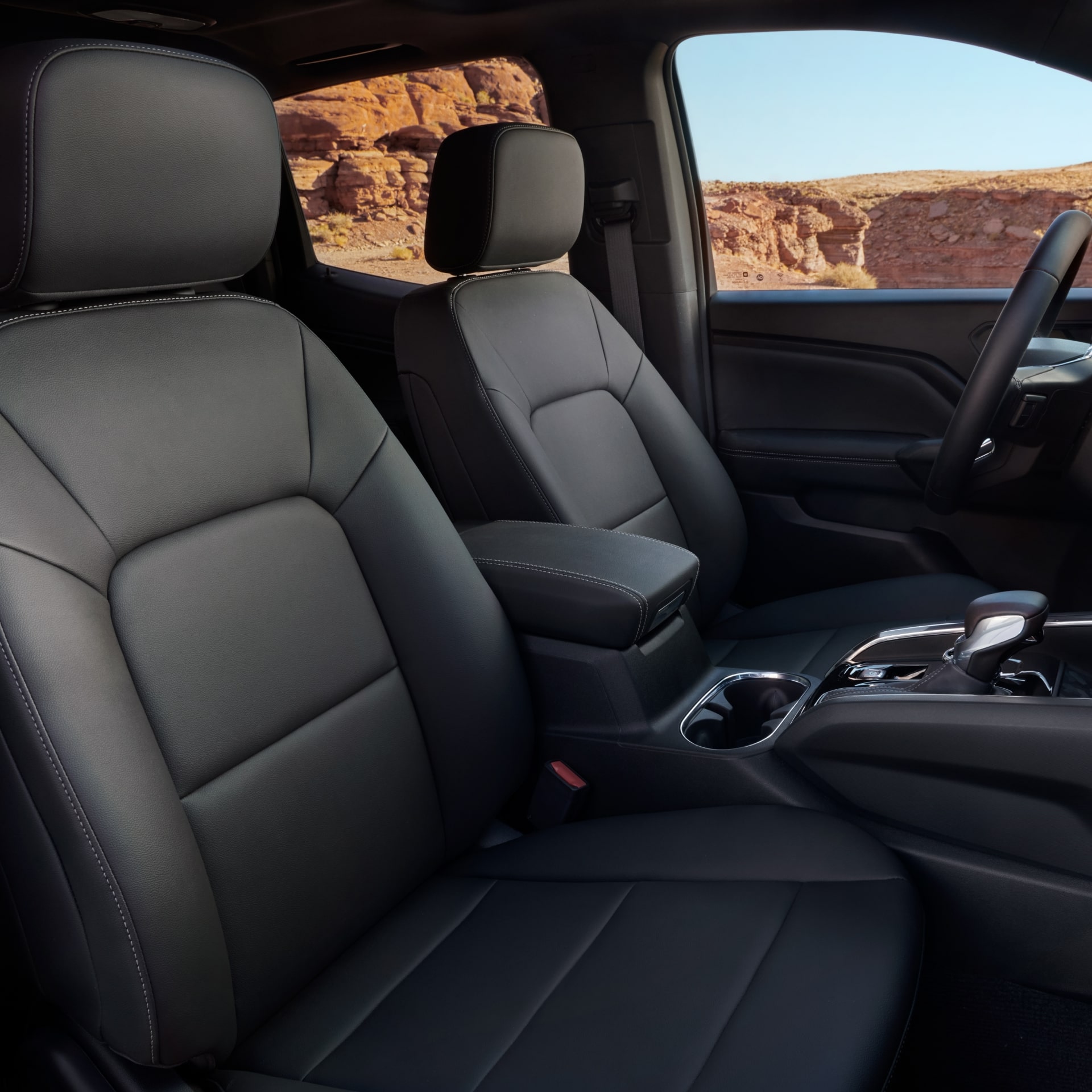The Black Leather Front Seats of a 2027 GMC Canyon