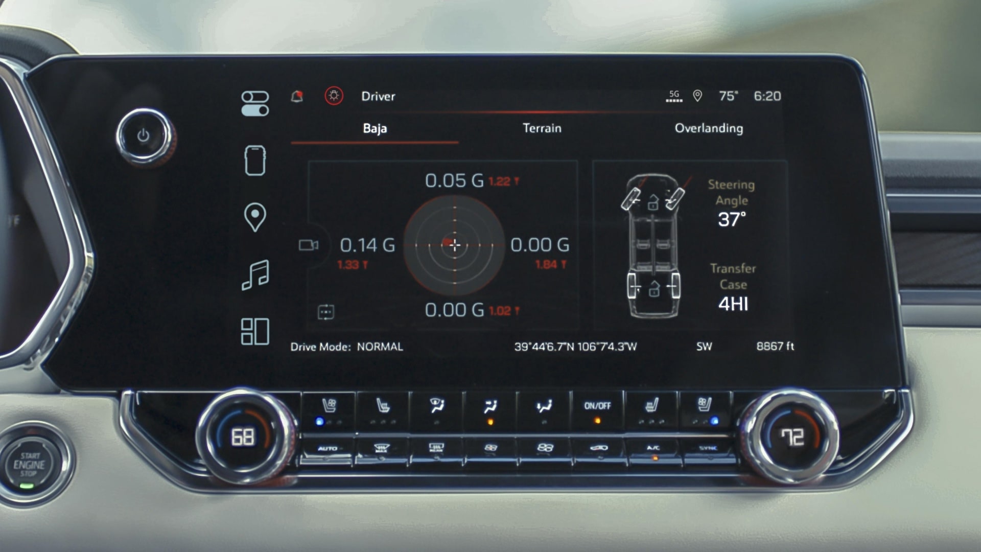The Large Infotainment Screen Of the 2027 GMC Canyon Showing Off-Road Performance Metrics and Vehicle Status