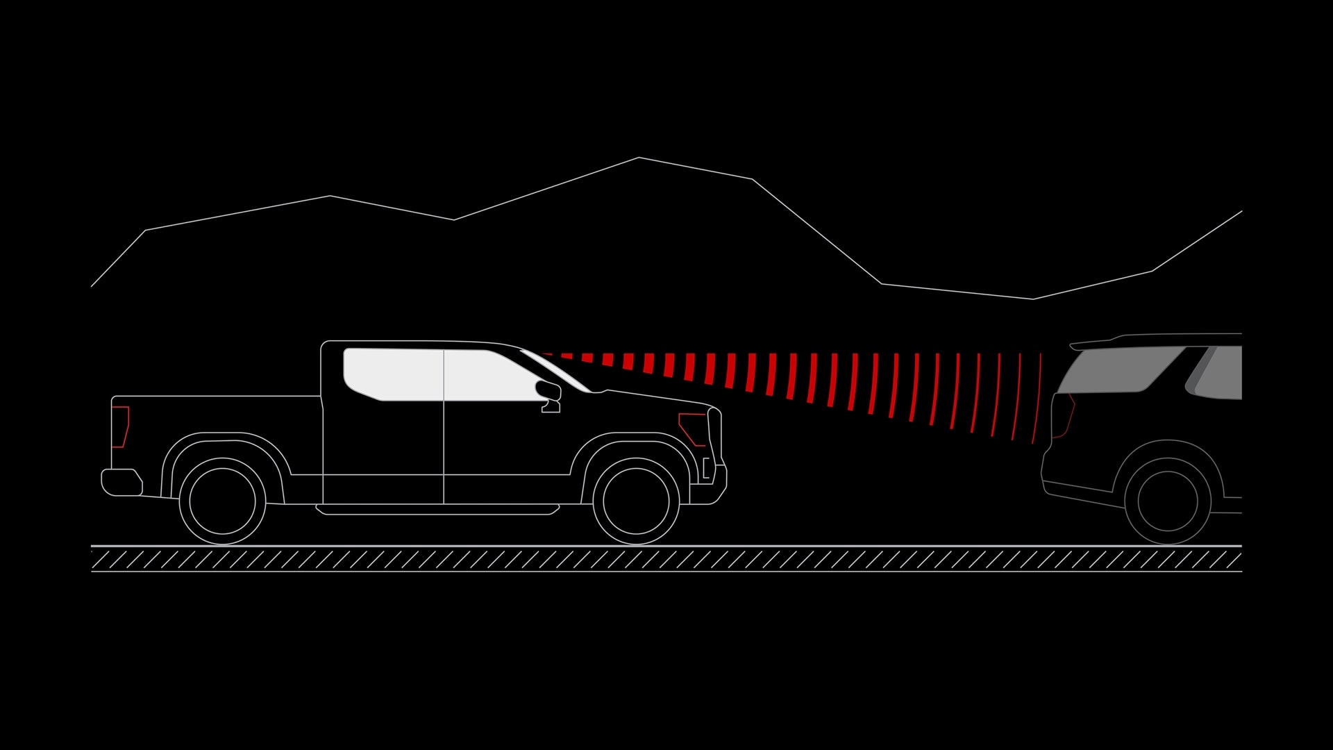 A Diagram of a Black GMC Canyon Pickup Truck Detecting a Vehicle in Front of it with Red Warning Signals