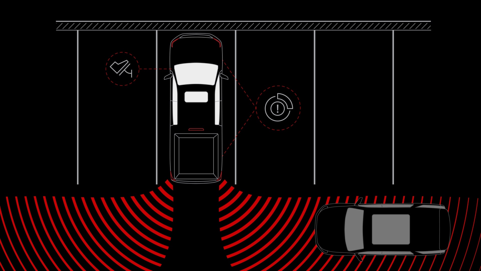 An Overhead View of a GMC Canyon Pickup Truck Backing into a Parking Spot with Rear Parking Assist Sensors Detecting an Obstacle