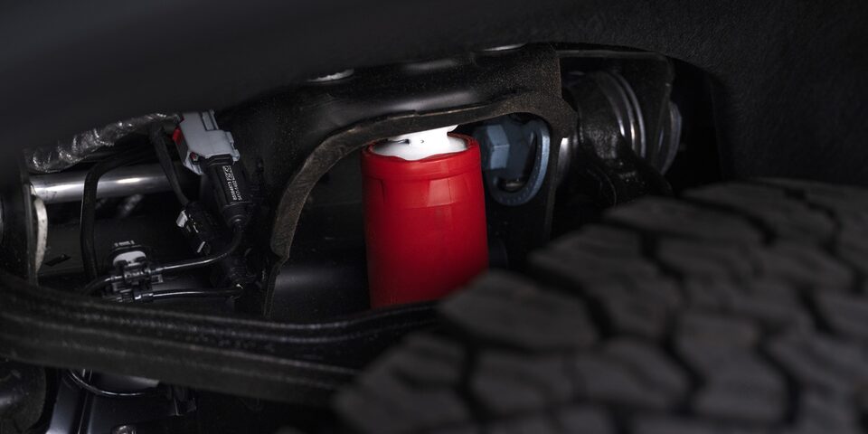 Closeup on the Off-Road Suspension of the GMC Sierra HD AT4