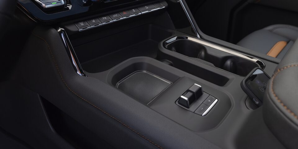 Closeup on the Center Console and Cupholders of the GMC Sierra HD AT4