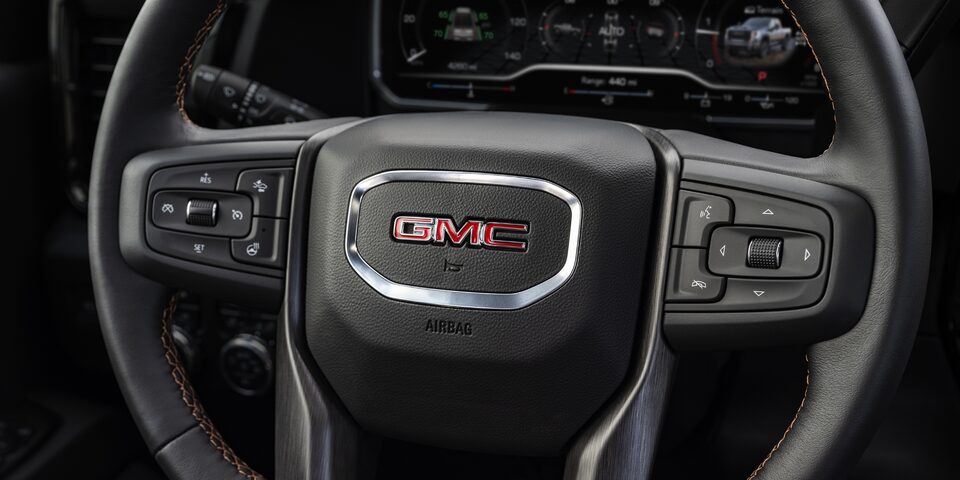 Closeup on the GMC Sierra HD AT4 Steering Wheel