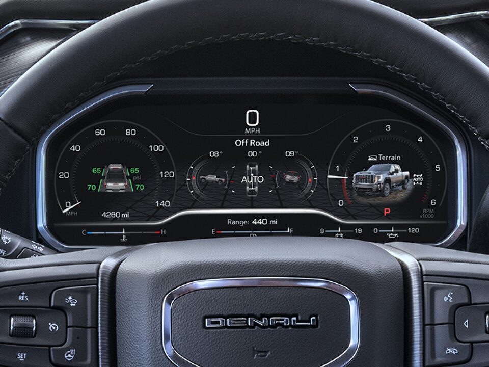 Closeup on the Steering Wheel and Heads-Up Display on the GMC Sierra HD