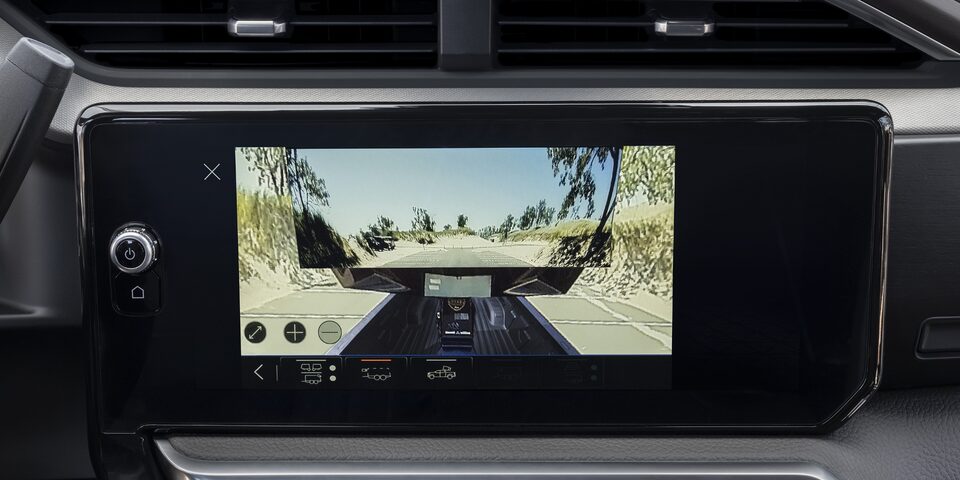 Closeup of the Infotainment System Displaying the Rear Towing Camera