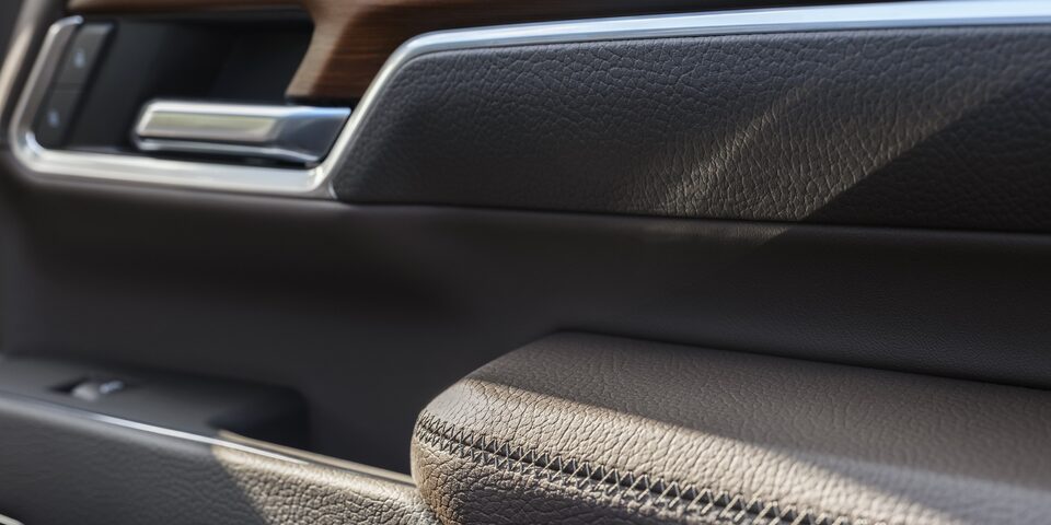 Closeup of the Interior Door Panel and Handle of the GMC Sierra HD Denali