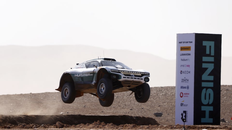 Three-Quarters View of a Race Car in Mid-Air