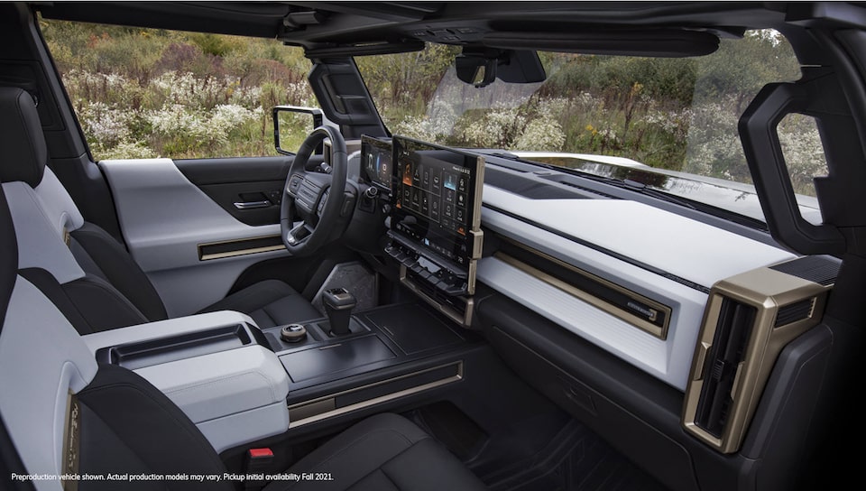 Interior view of a GMC Hummer EV's dashboard