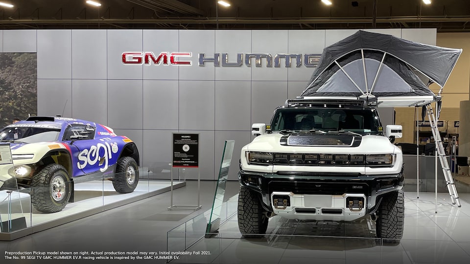 GMC HUMMER EV with Camping Tent Attachment on Display