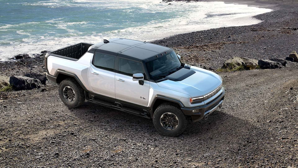 2021 HUMMER EV Electric truck aerial shot on beach