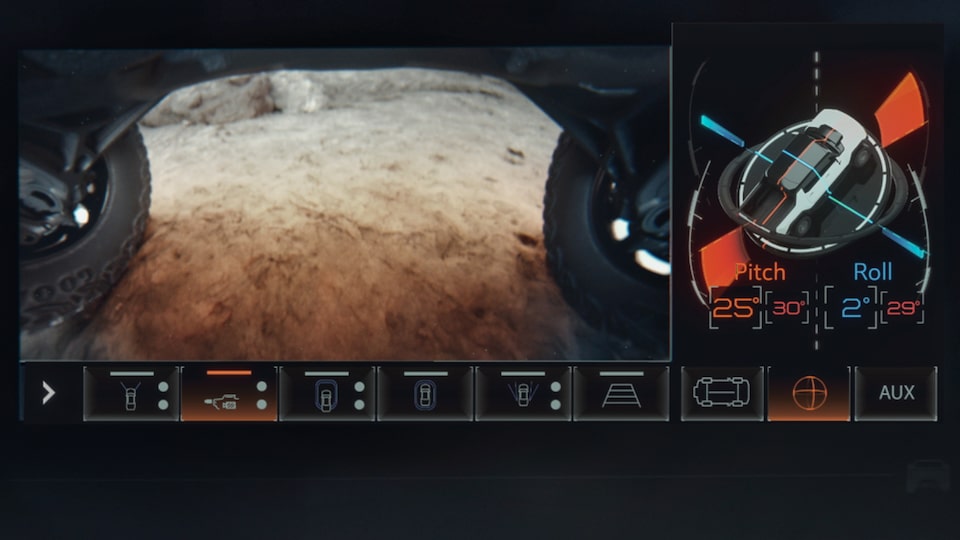 An off-road image of view from the GMC Hummer EV's underbody