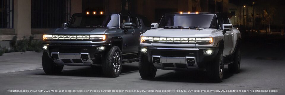 GMC HUMMER EVs electric truck and electric SUV parked side by side