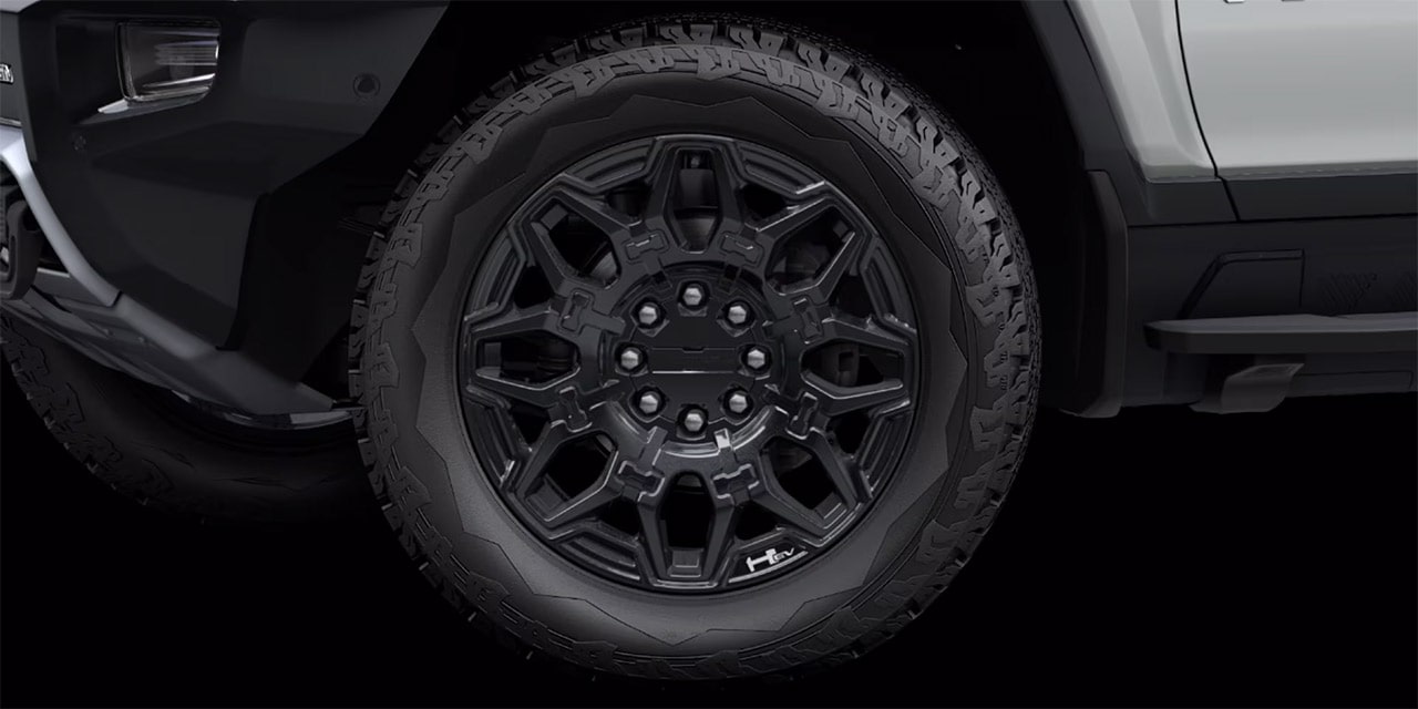 Close-up View of the 22" Gloss-Black Painted Aluminum Wheels on the 2026 GMC HUMMER EV