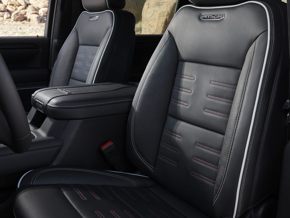 Close-up on the Stitched Leather Interior on the GMC Sierra HD AT4X