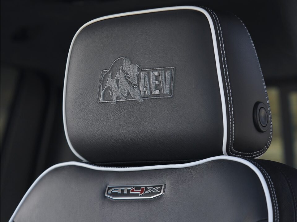 Close-up on the Stitched AEV Badging on the Seat of the GMC Sierra HD AT4X