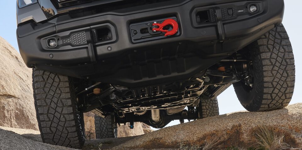 Close-up on the Rear Skid Plate on the GMC Sierra HD AT4X