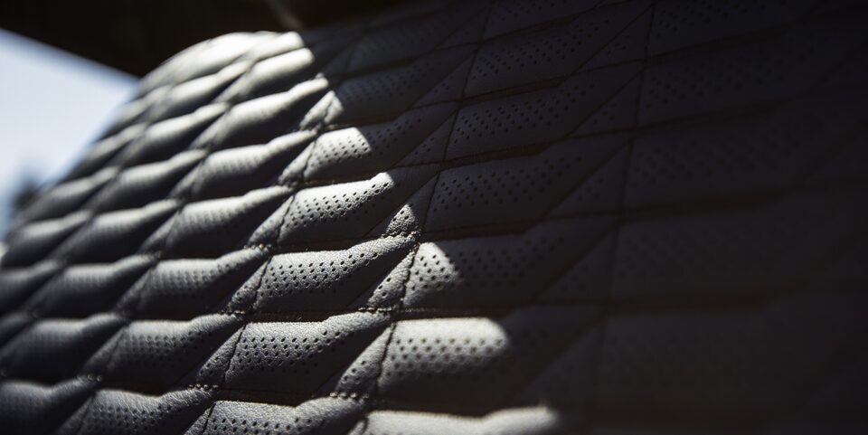 Closeup on the Stylish Leather Interior on the Seats of the GMC Sierra EV Denali