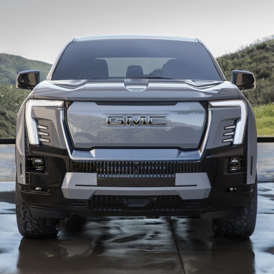 A Closeup Shot of the Front Grille of the Powerful  GMC Sierra EV Denali
