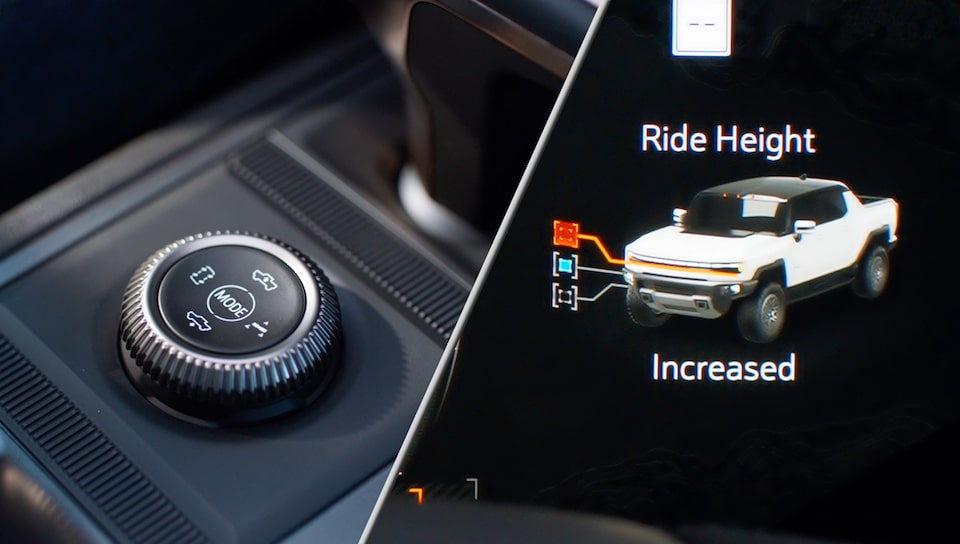 Split Image with a Close-up of the Driver Mode Control with Extra Mode Displayed and a Display of the Different Ride Mode Heights