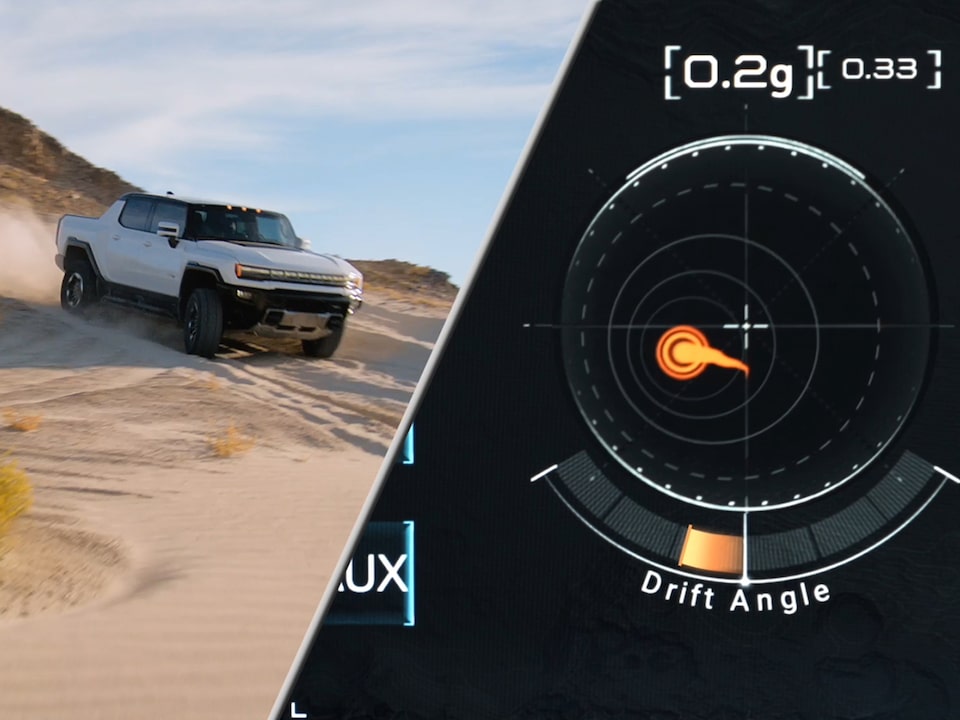 G-Force, Drift Angle, Torque Output & Pitch-and-Roll Metrics on Display on the Infotainment System of the Hummer EV