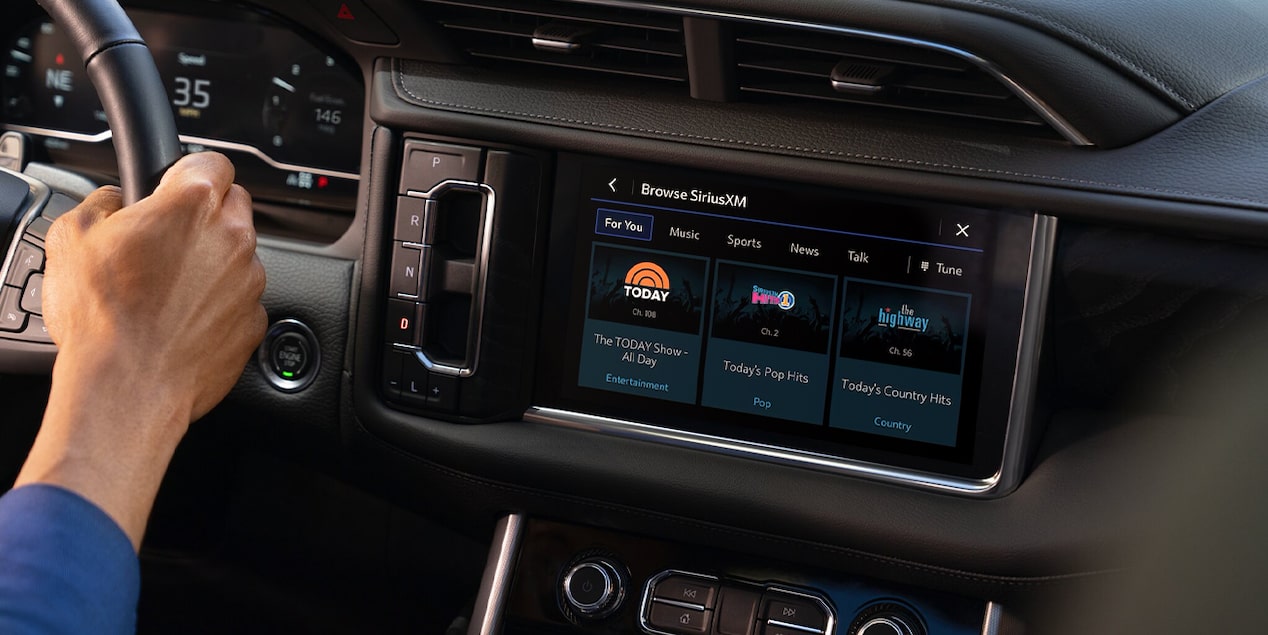 Close-up of a GMC Vehicles Infotainment Screen Displaying In-The SiriusXM App