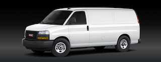 A White GMC Savana Cargo Van Is Parked From a Front Three-Quarters Angle On a Dark Background