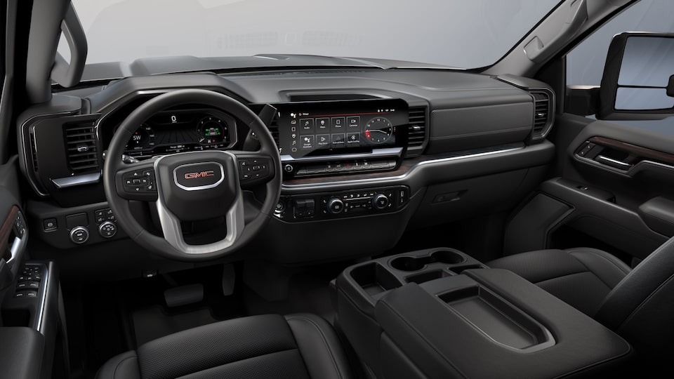 The Front Interior Cabin of the GMC Sierra HD Pro in Black