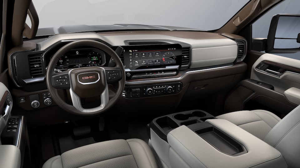 The Front Interior Cabin of the GMC Sierra HD Pro in Dark Walnut