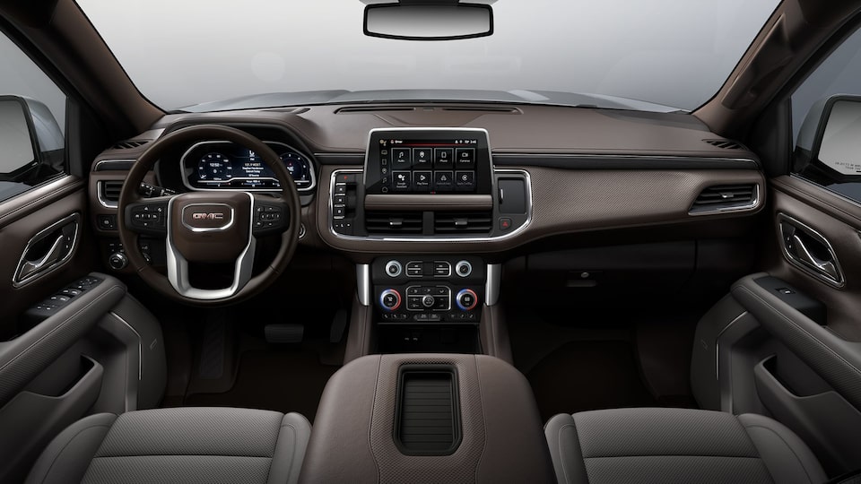 The Jet Black Interior with the Steering Wheel and Infotainment System on the GMC Terrain AT4