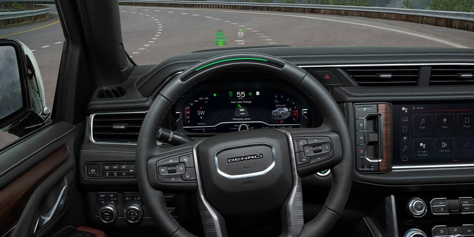 Close-Up on the Steering Wheel and Head-Up Display on the 2024 GMC Yukon