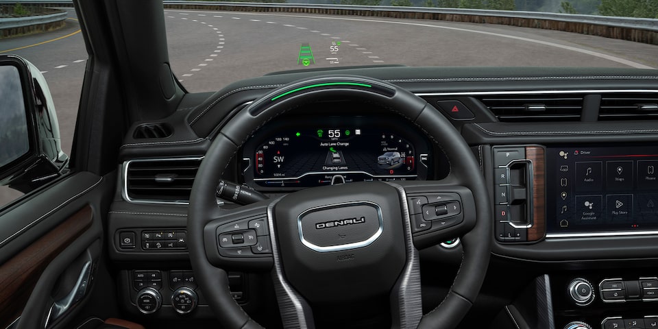 Close-Up on the Steering Wheel and Head-Up Display on the 2024 GMC Yukon