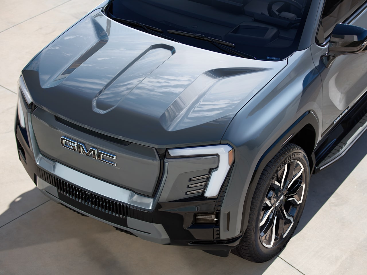 Birds-eye View of the Front of the GMC Sierra EV Pickup Truck
